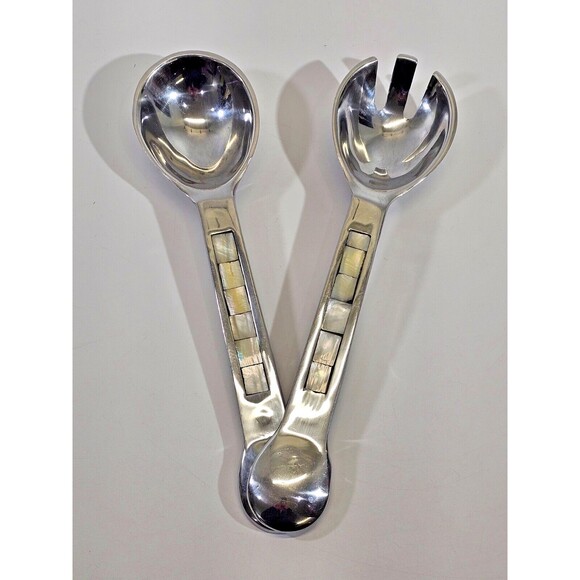 Towle Mother of Pearl Inlay Large Serving Spoon Salad Set 2 Utensils 11" EUC - Picture 2 of 6